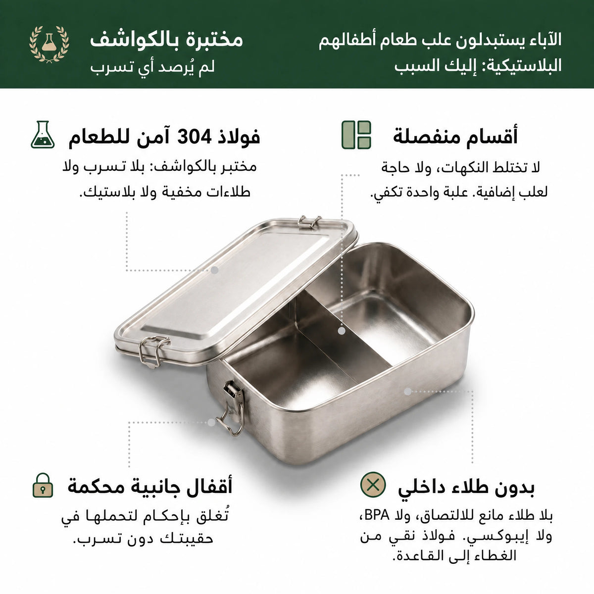علبة طعام من فولاذ 304: أقسام منفصلة وأقفال جانبية